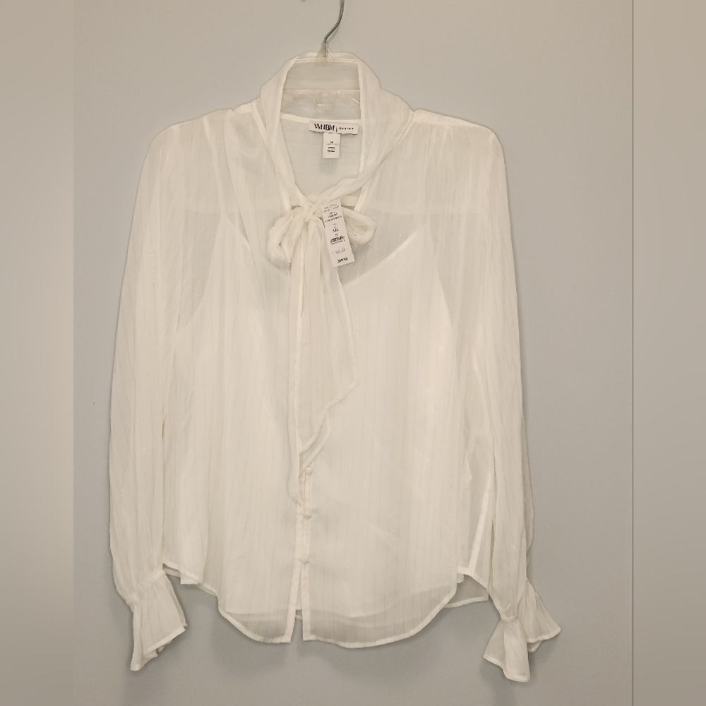 White House Black Market Outlet Women's Long Sleeve Neck Tie Blouse Size M NWT!